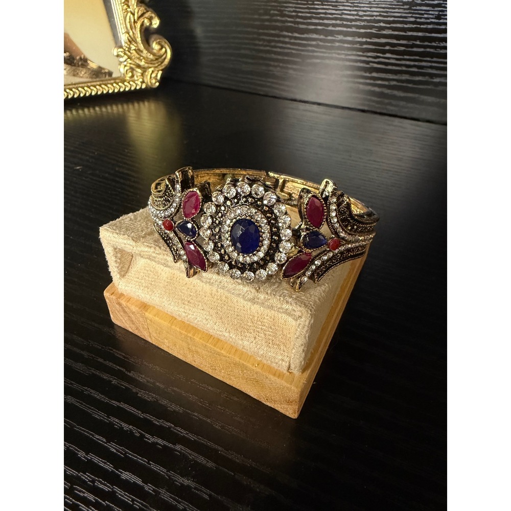 Vintage Style Antique Gold Tone Blue Red Rhinestone Hinged Cuff Bracelet